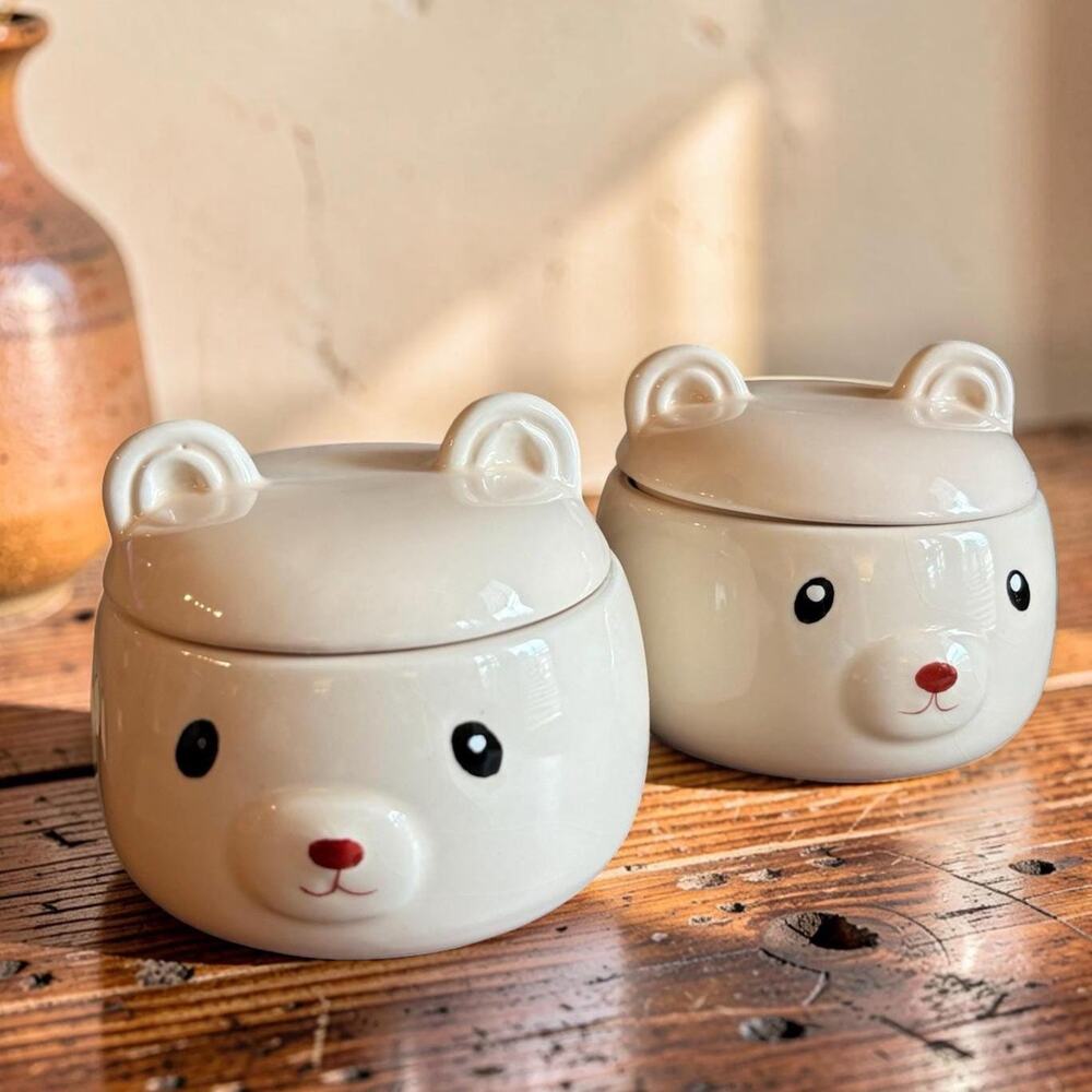 Set of 2 Ceramic Polar Bear Canisters | Whimsical Kitchen Storage Bowls